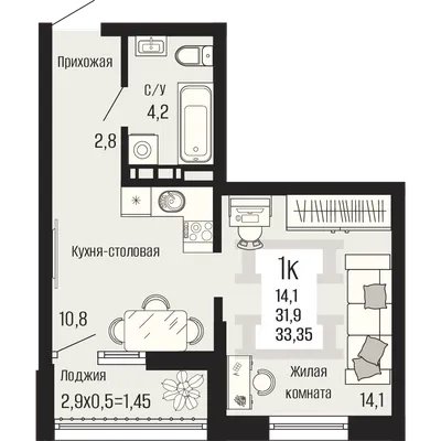 Планировка 1‑комнатной квартиры 33,35 м² в ЖК Половецкий