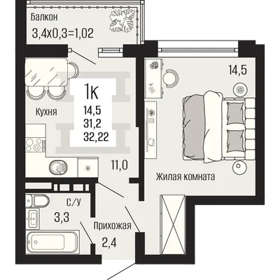 Планировка 1‑комнатной квартиры 32,22 м² в ЖК Половецкий