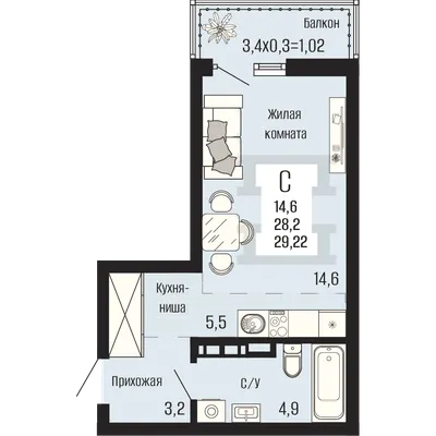 Планировка студии 29,22 м² в ЖК Половецкий